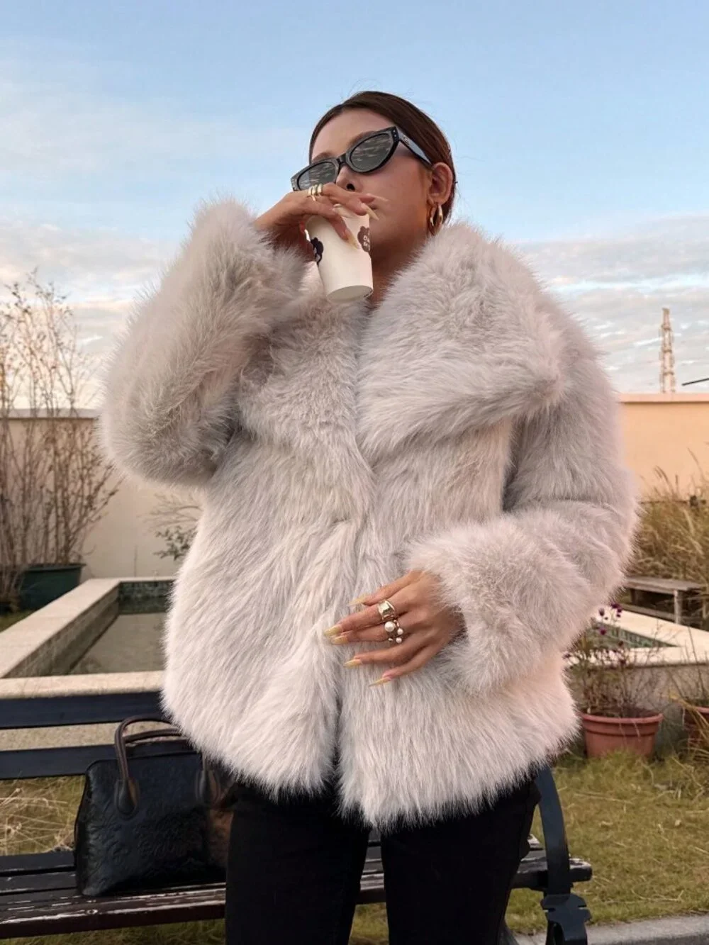 Beige Casual Women's Thick Faux fur Mid-Length Coat jacket
